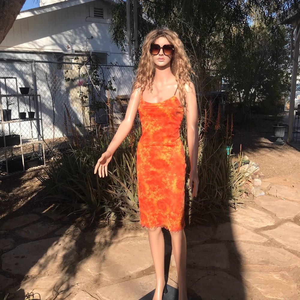 Lined Orange Body Con Floral-ish Knee-length Dress